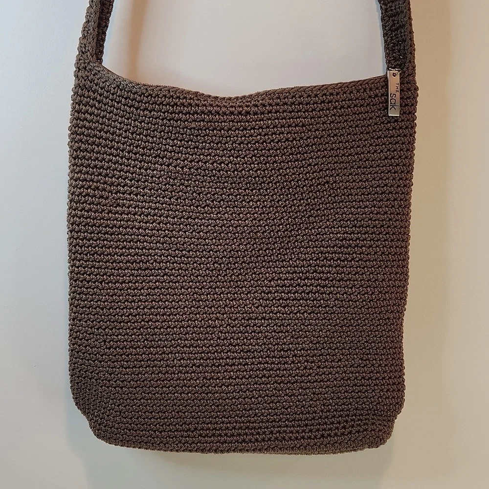The Sak Knit Crochet Handbag Purse Shoulder Bag Brown EUC NICE!!